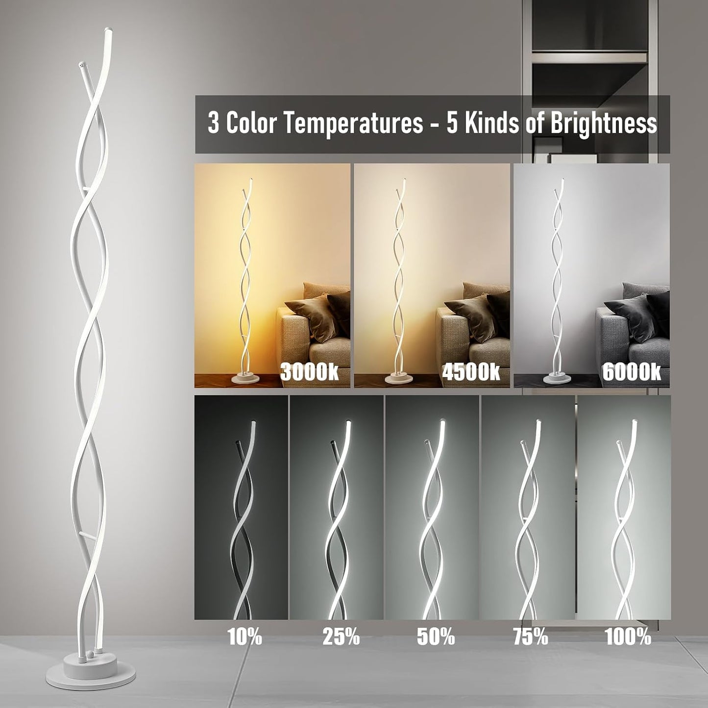 Lámpara pie LED moderna regulable 55pulg blanca sala dormitorio