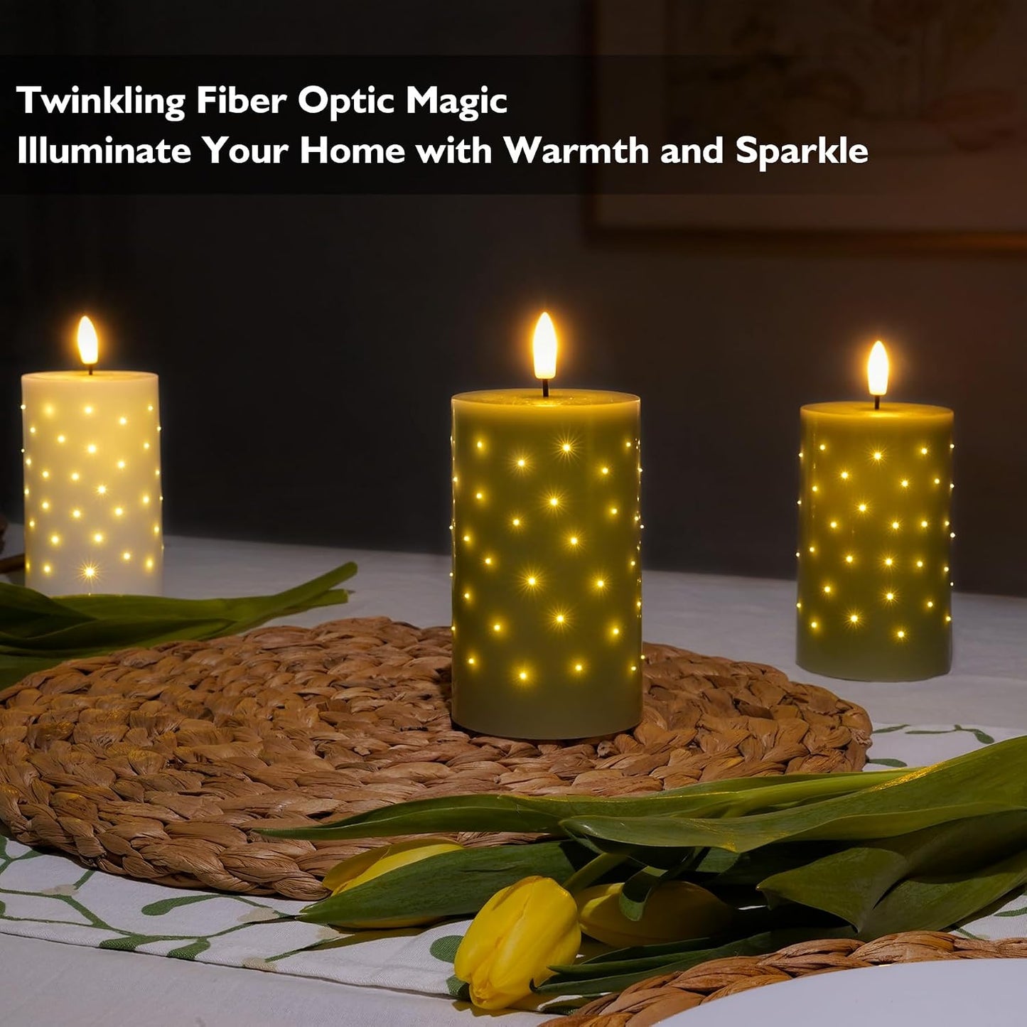 Velas sin llama fibra óptica verde salvia 5pulg