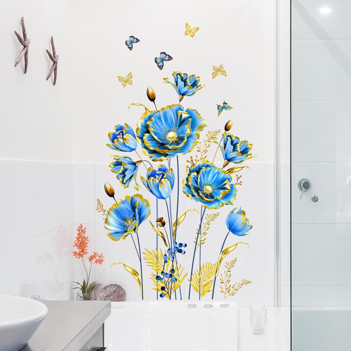 Adhesivos pared flores azules con mariposas para sala baño