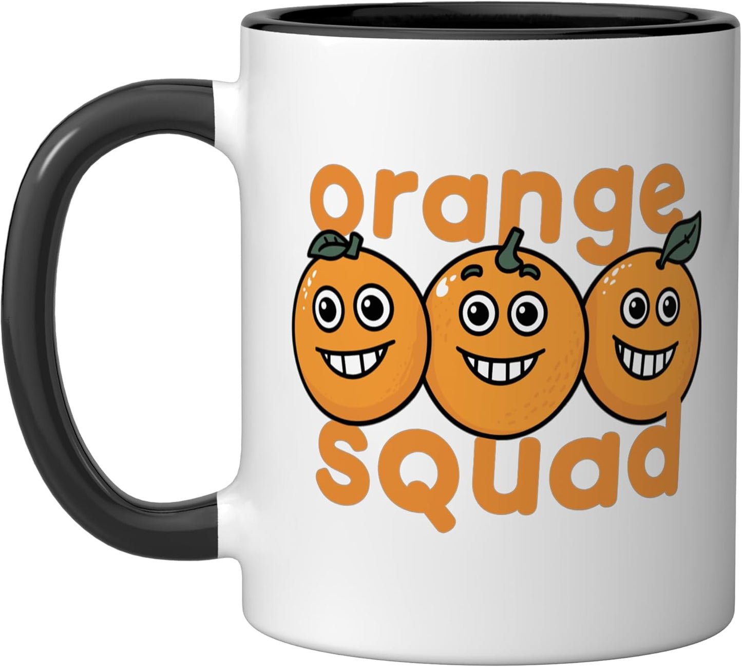 Taza cerámica naranja con frutas en negro y blanco