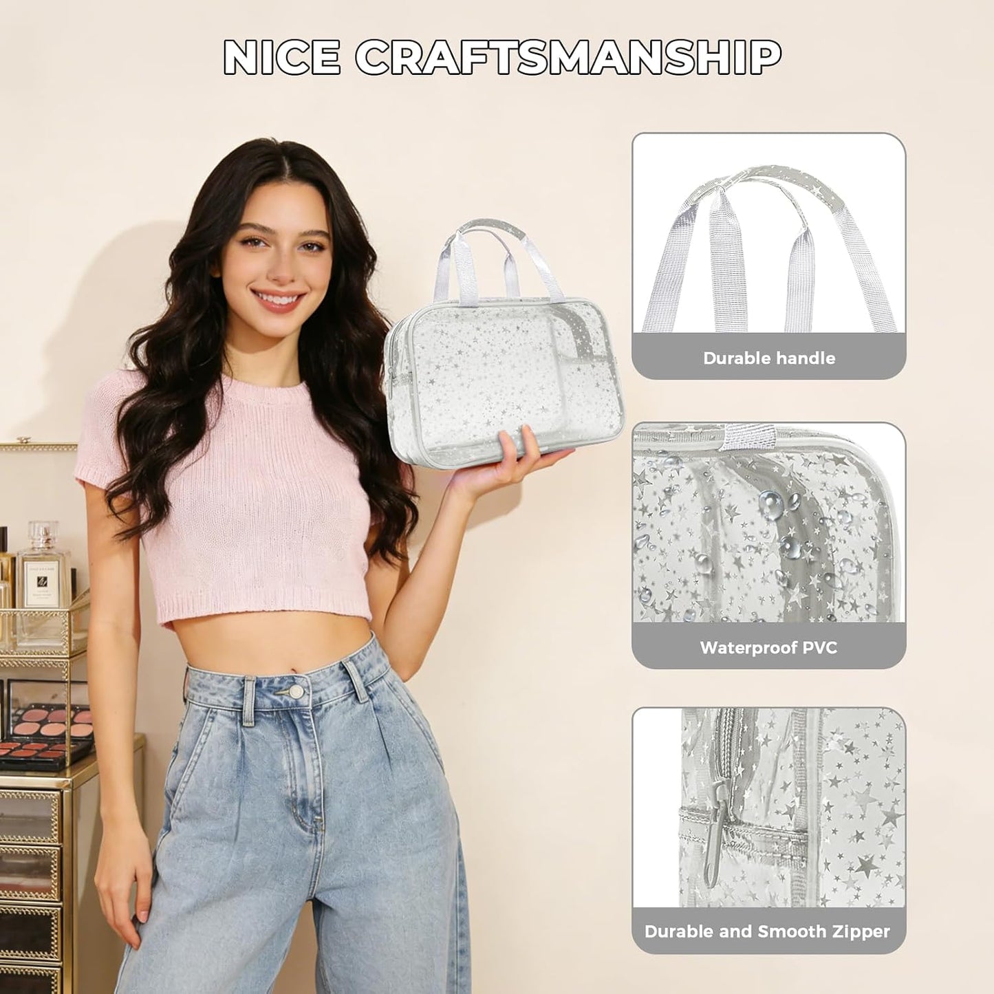 Bolsa maquillaje PVC con asa 12x5x8 pulg estrella