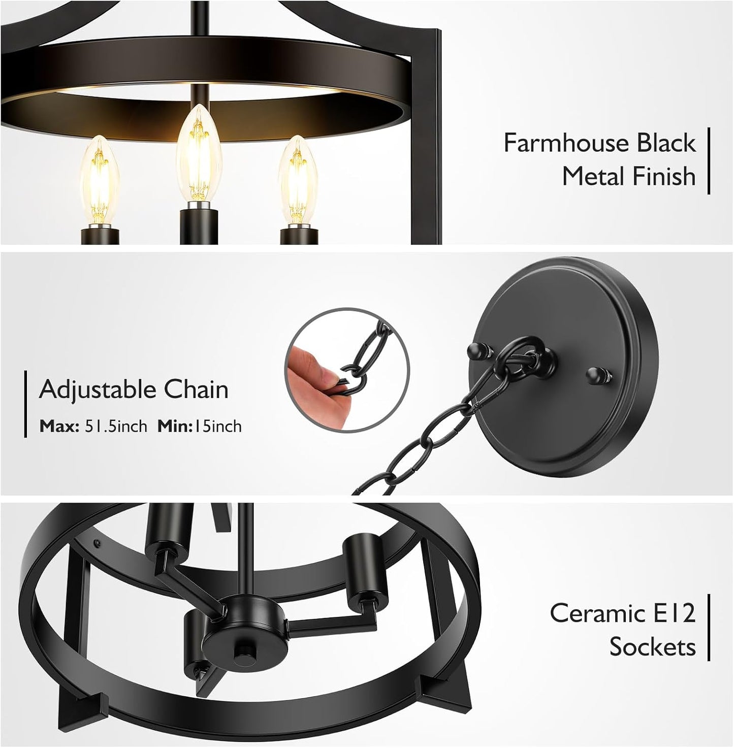 Candelabro 3 luces 14.5pulg ajustable vintage negro comedor