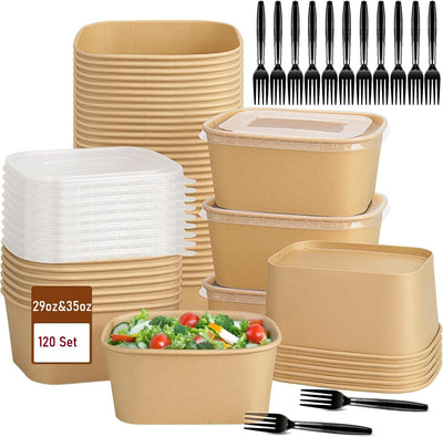120 Pzas Cuencos Papel Kraft con Tapas y Palillos 29-35oz
