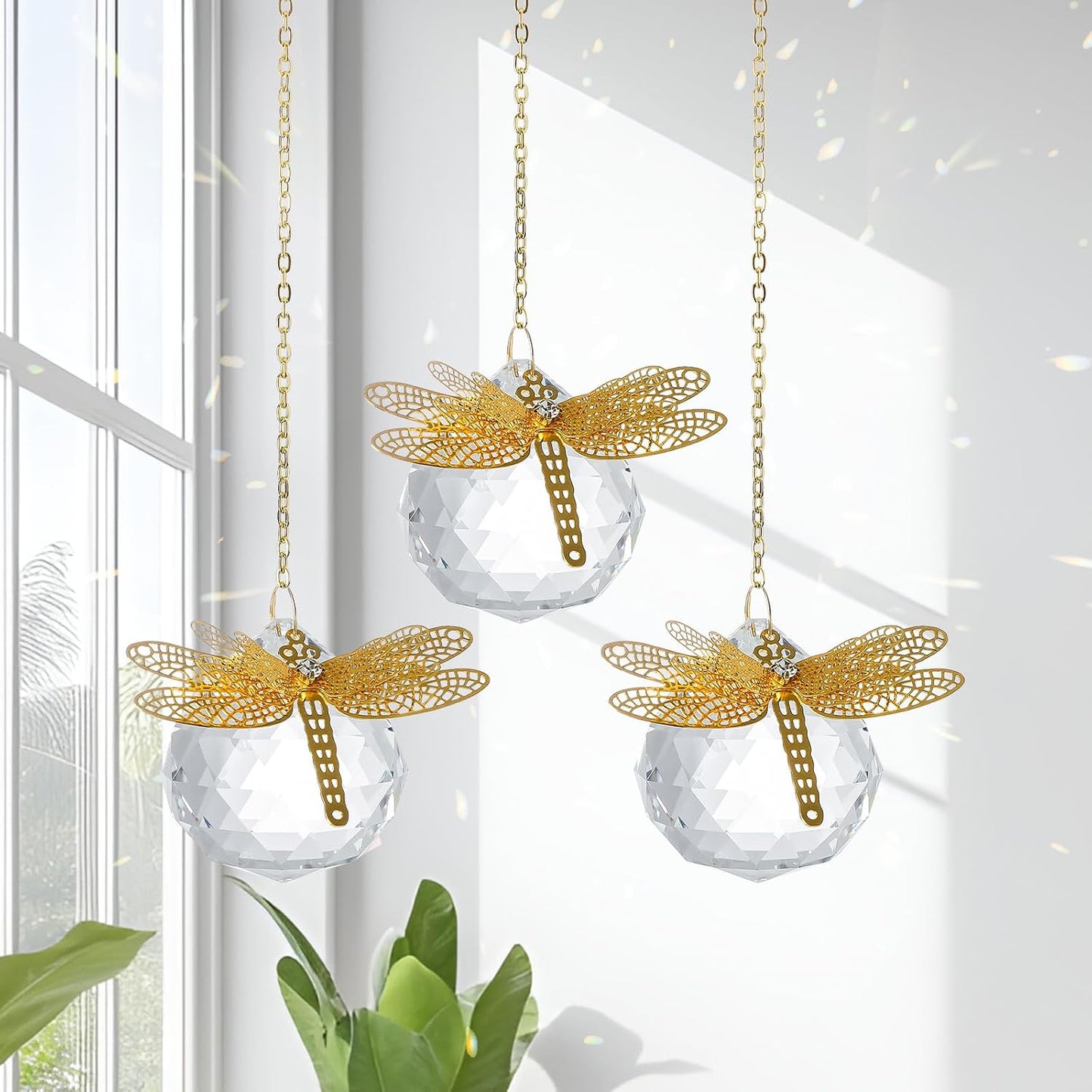Atrapasoles cristal arcoíris con libélula 1.575pulg set 3