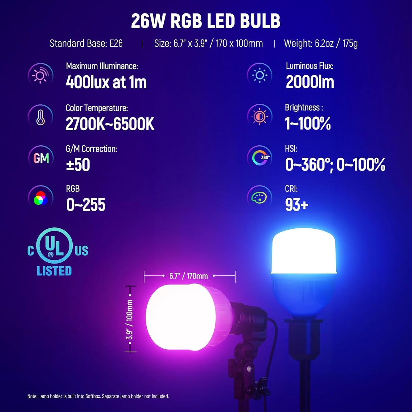 2 Kits Luz RGB 26W CRI93 E26 24pulg Estudio