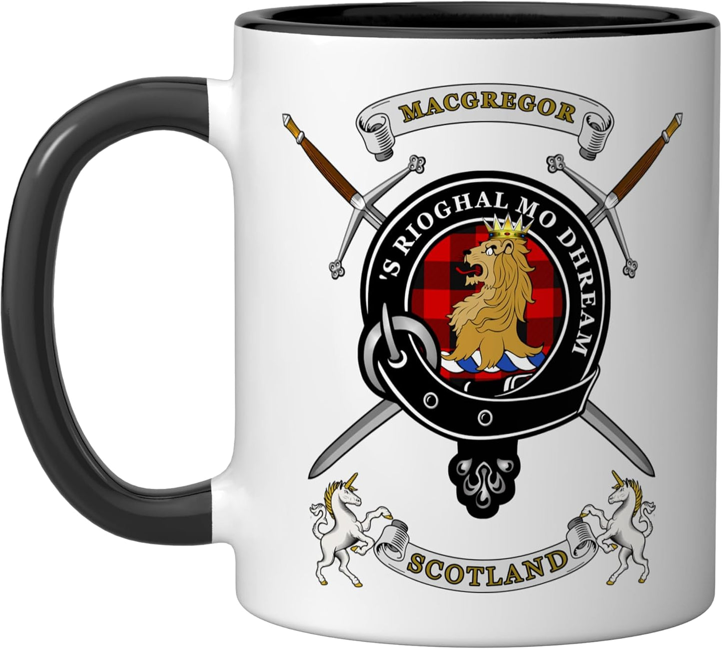 Taza cerámica MacGregor Clan Badge Rob Roy Tartan y espadas negra/blanca