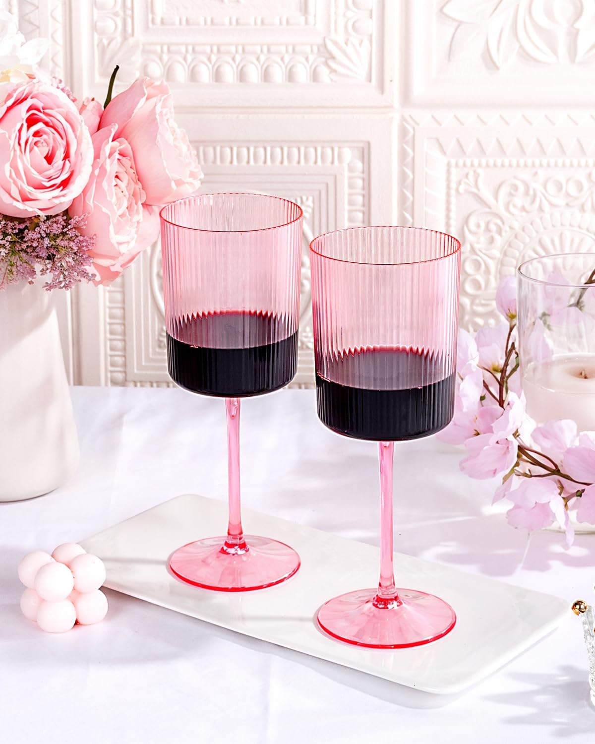 Set 30 Copas Vino Plástico Rosa Acanaladas Fiesta