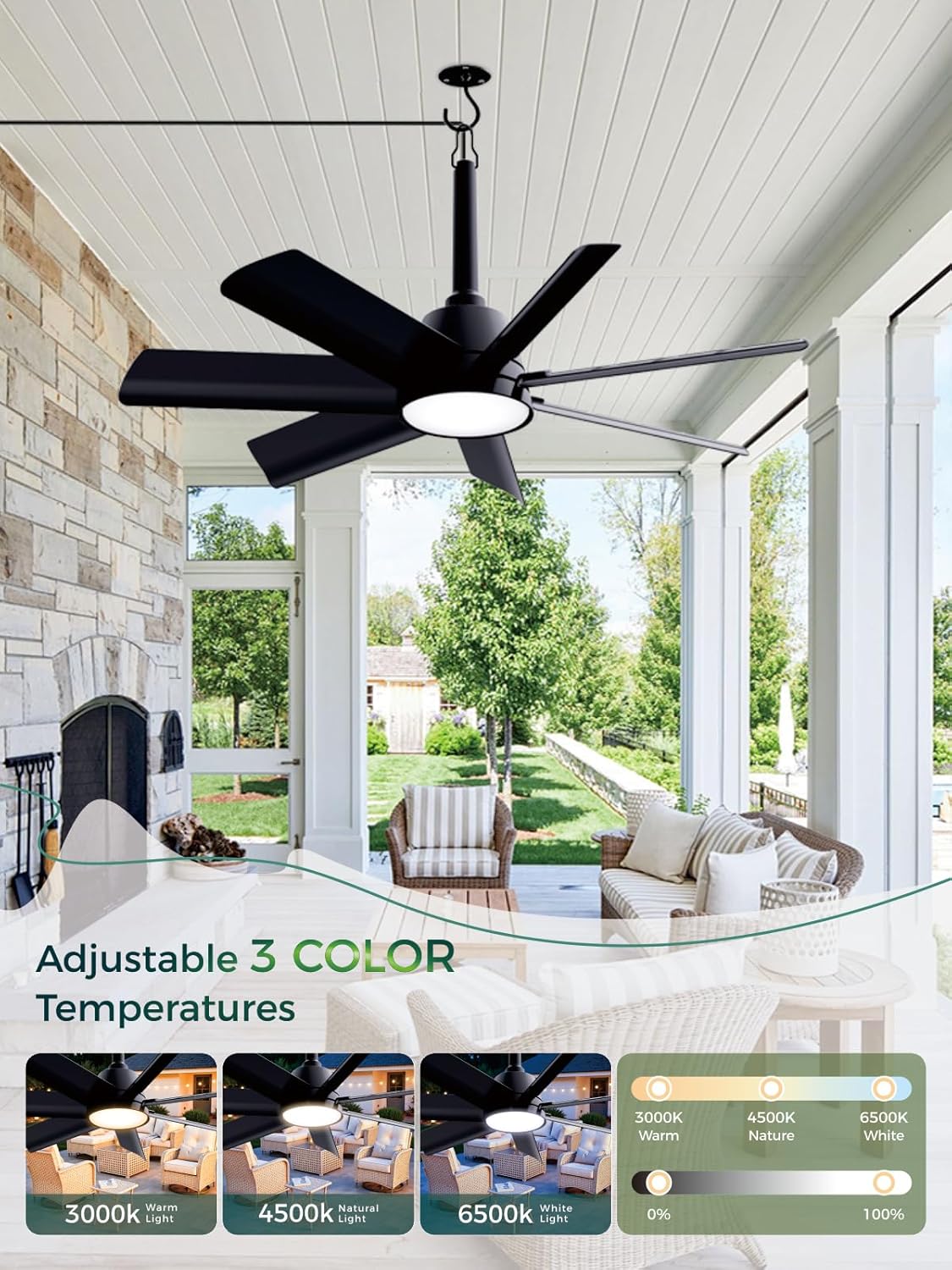 Ventilador techo 28pulg luz LED 6 vel con control remoto negro