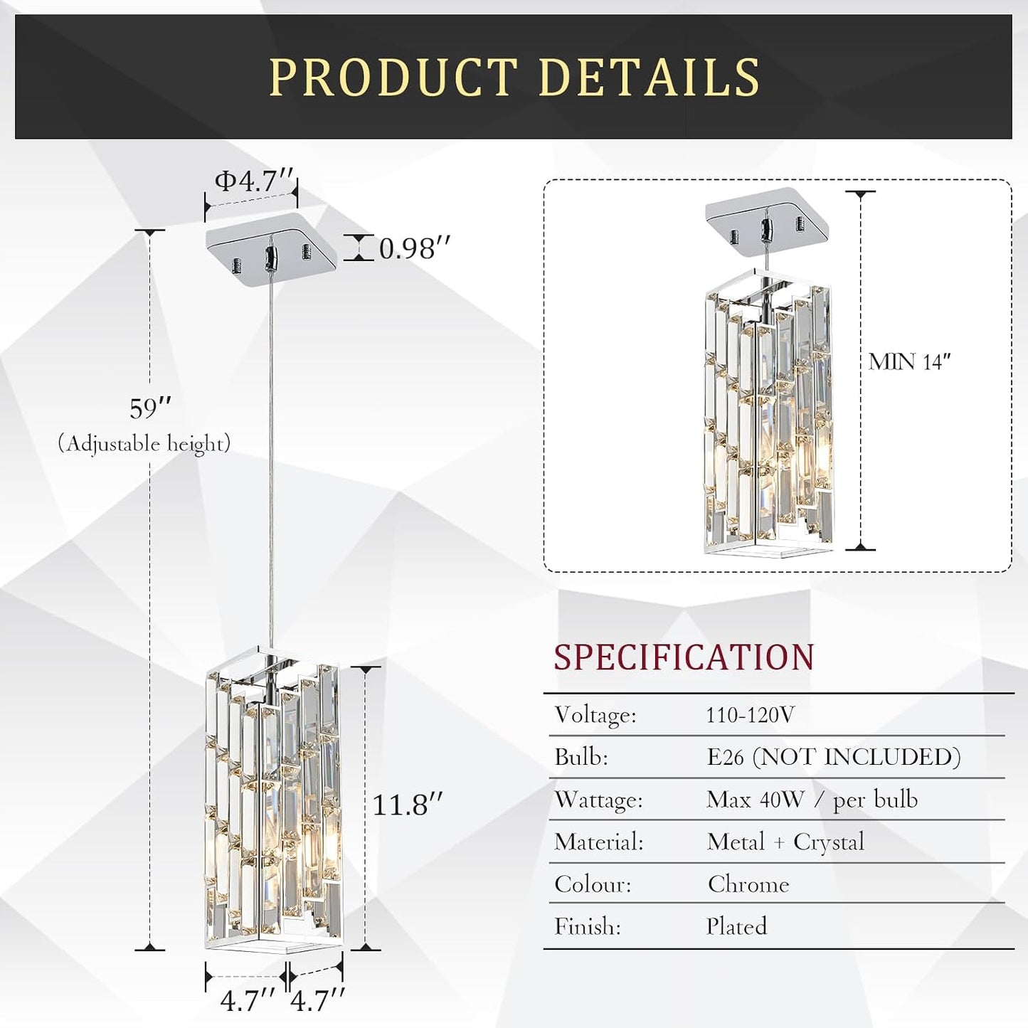 Lámpara colgante cristal cromado plateada E26 ajustable