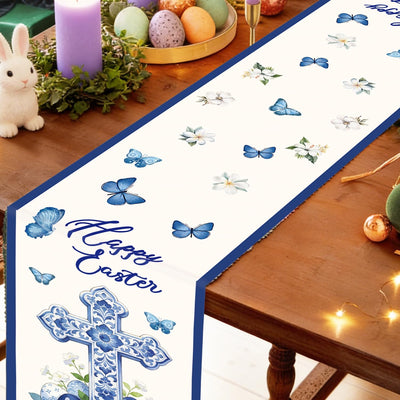 Camino mesa Pascua porcelana azul y blanca con cruz y huevos