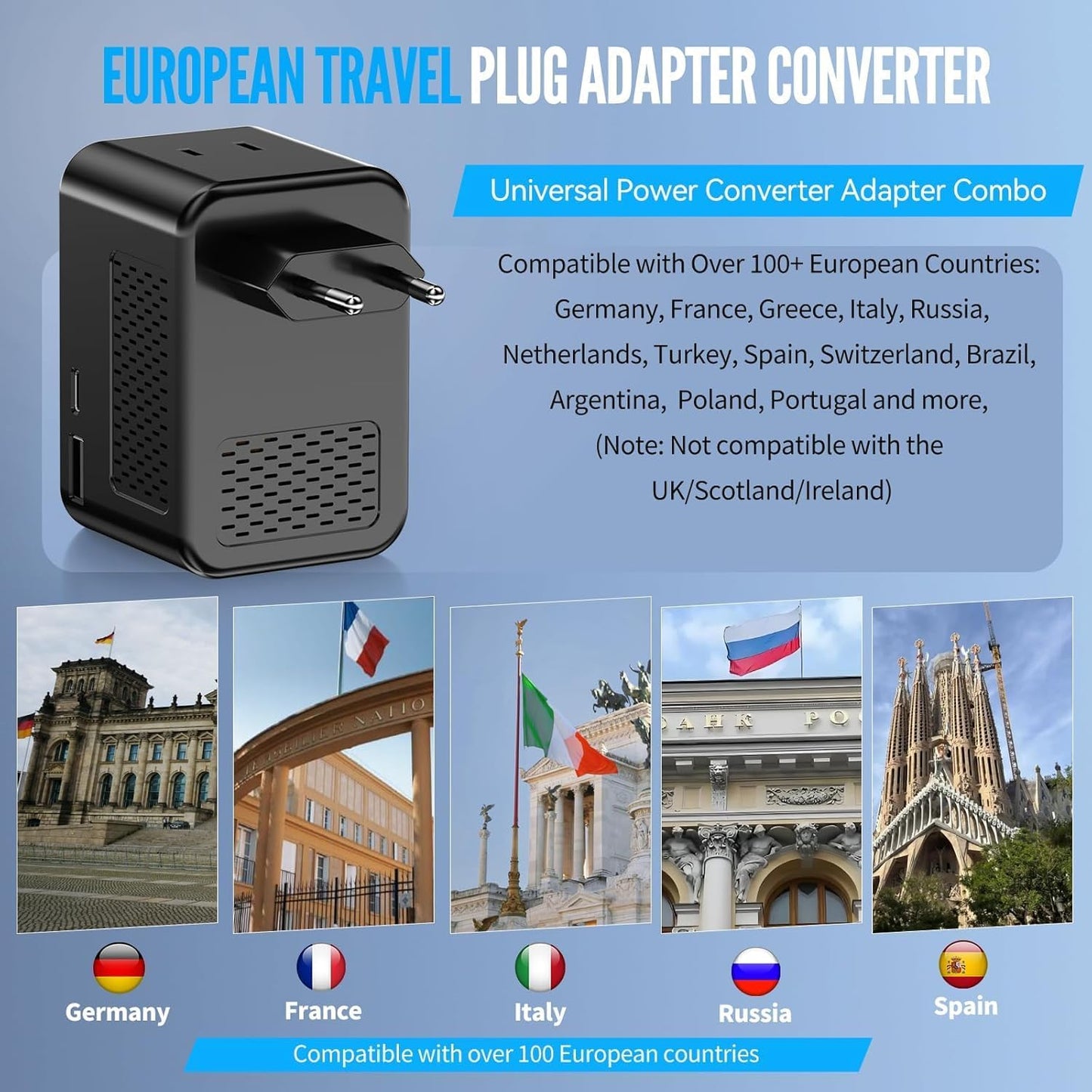 Convertidor voltaje 220V a 110V para Europa con USB-A y USB-C