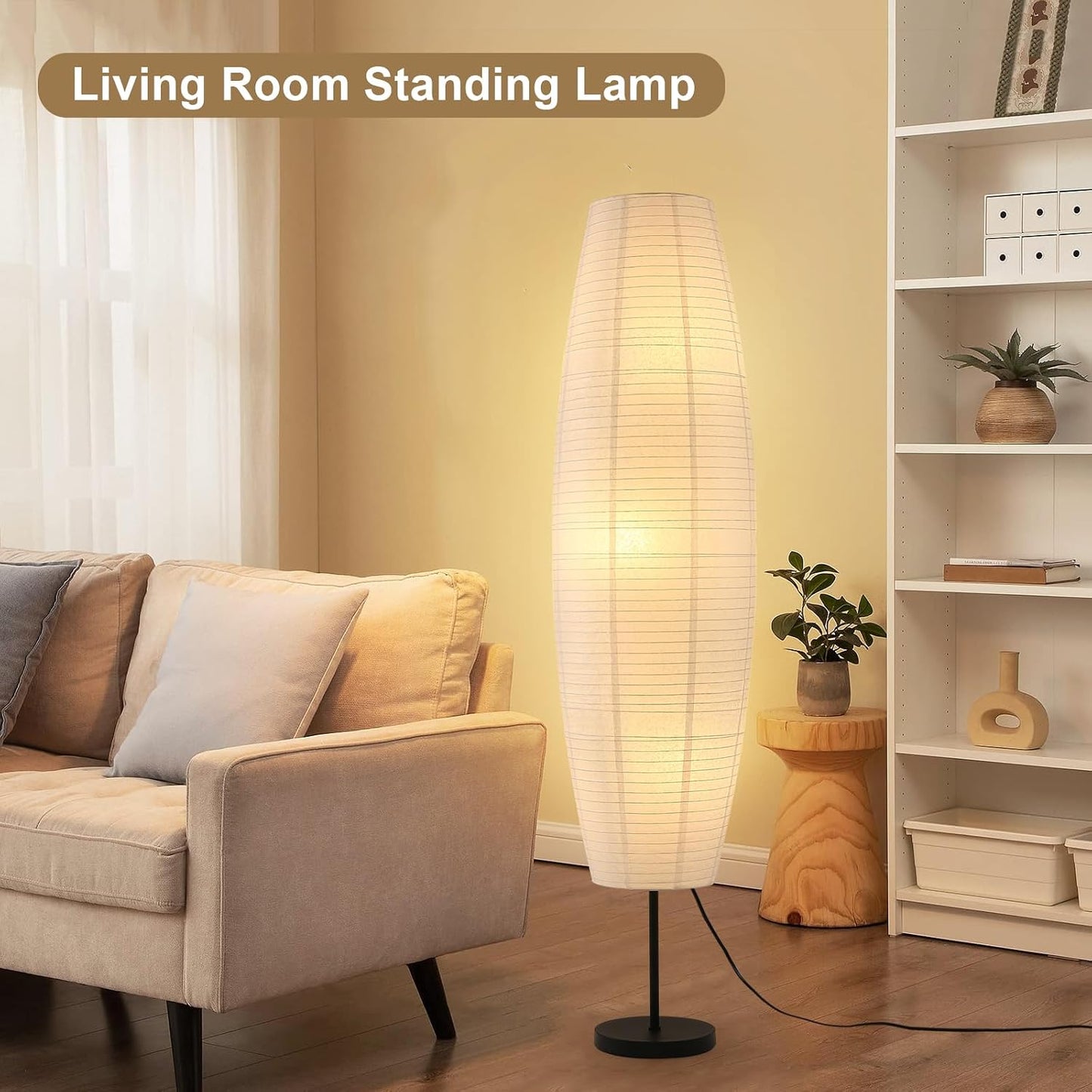 Lámpara pie papel arroz blanco 3 luces LED Wabi Sabi 54.5pulg sala