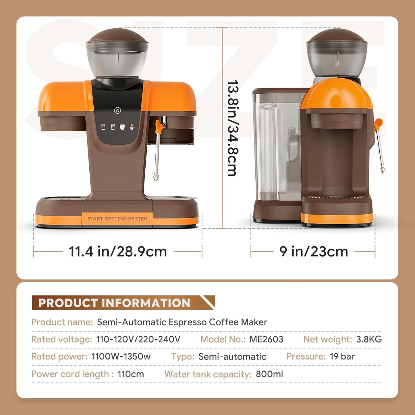 Máquina Espresso 20 Barras Acero Inox con Molinillo