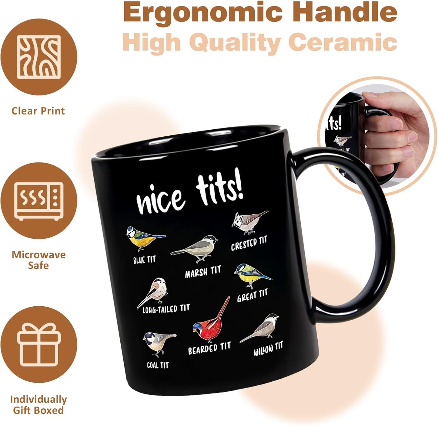 Taza de café con diseño de pájaros divertidos 11 oz negro
