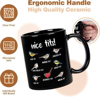 Taza de café con diseño de pájaros divertidos 11 oz negro