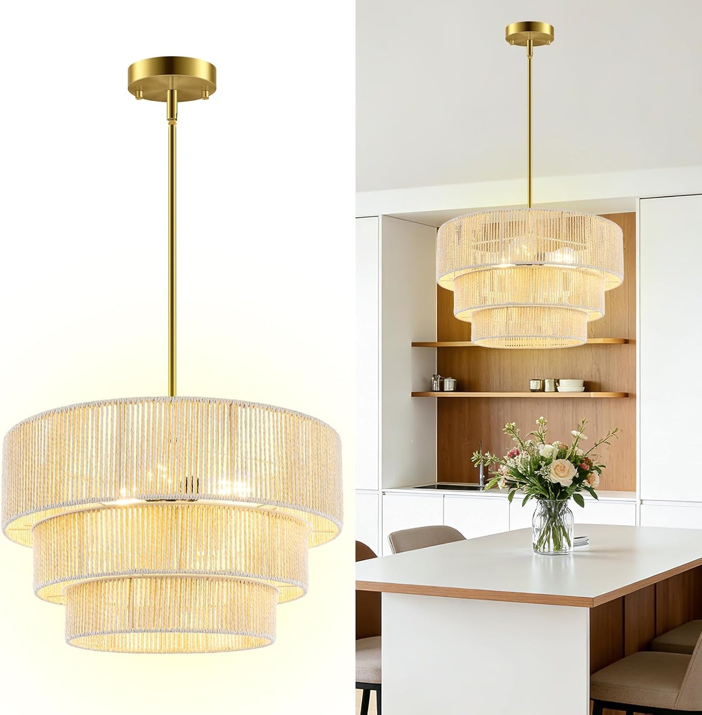 Lámpara colgante ratán 3 luces tejida a mano 16.5pulg ajustable