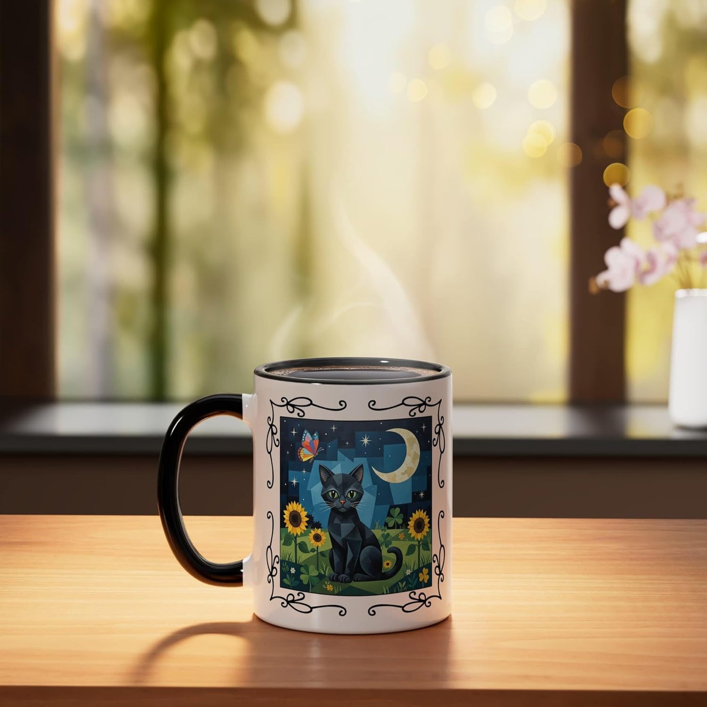 Taza cerámica estilo Cubizm con escena girasol Kitty