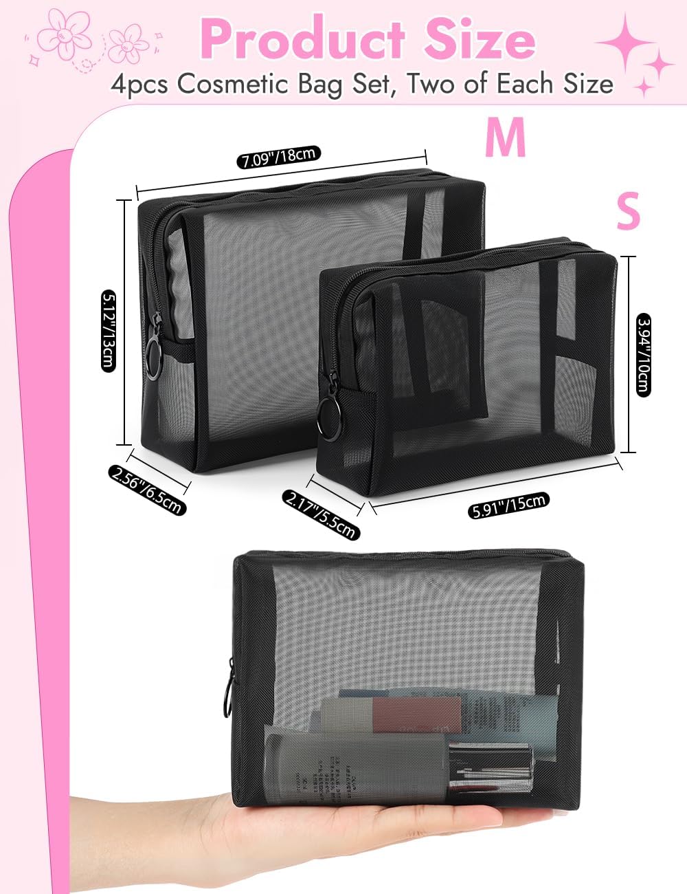 4 Pzas Bolsas Malla Maquillaje con Cremallera Negro