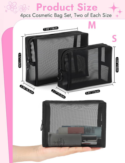 4 Pzas Bolsas Malla Maquillaje con Cremallera Negro