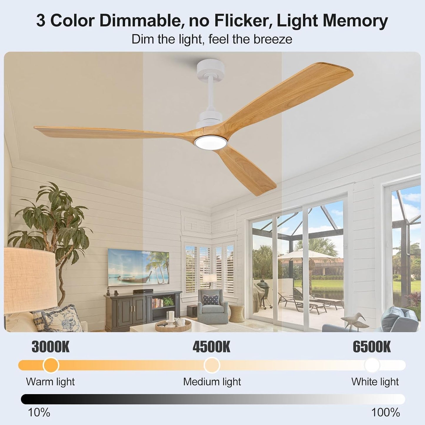 Ventilador techo 72pulg madera 3 aspas luz control remoto