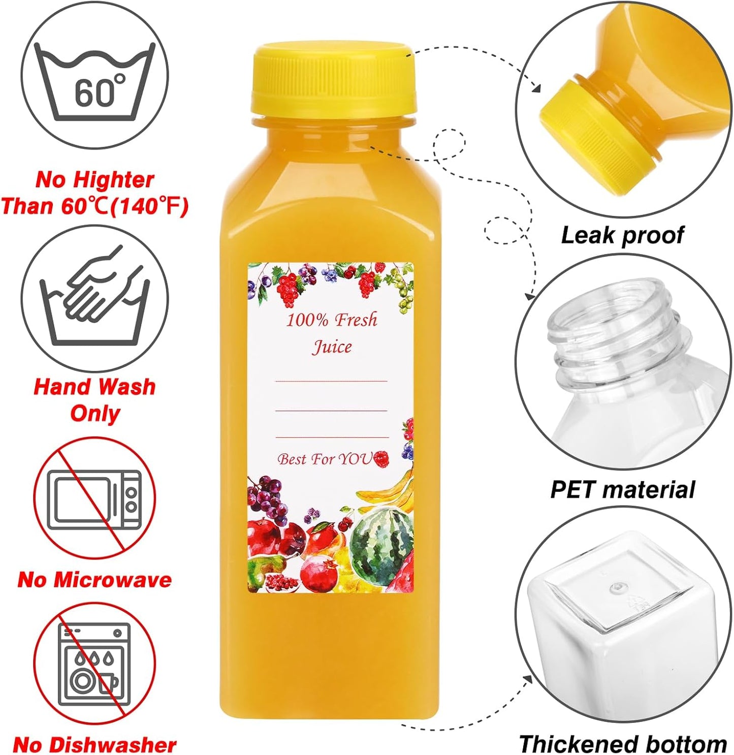 10 Botellas Plástico Jugo 12oz Tapas Negras Amarillas Reutilizables