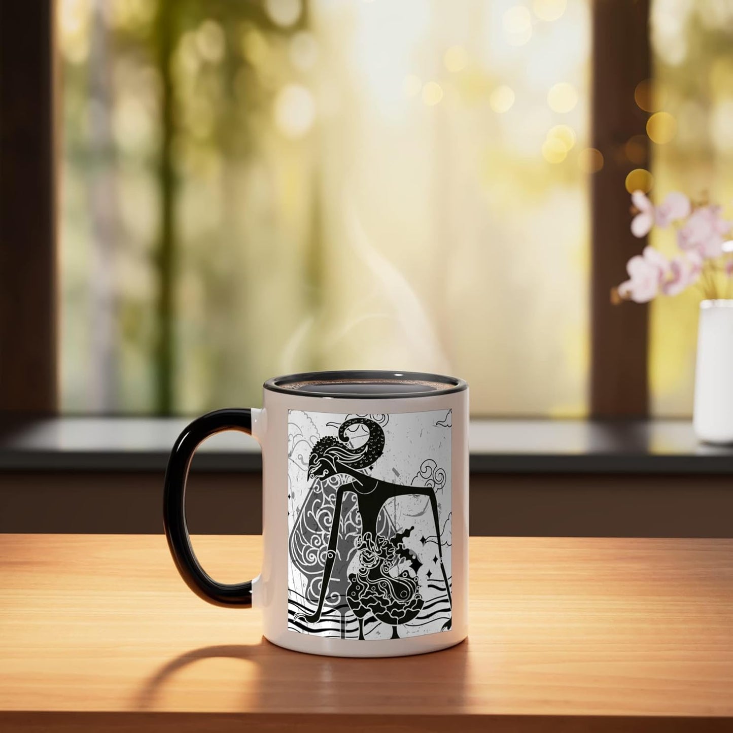 Taza cerámica con diseño de sombras tradicionales indonesias Wayang