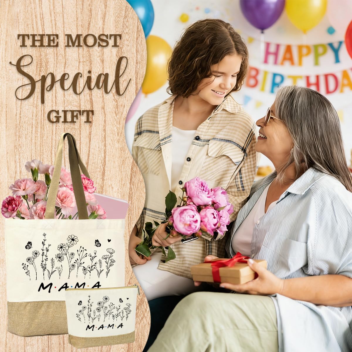 Bolsas reutilizables para regalo de abuela con flores y maquillaje