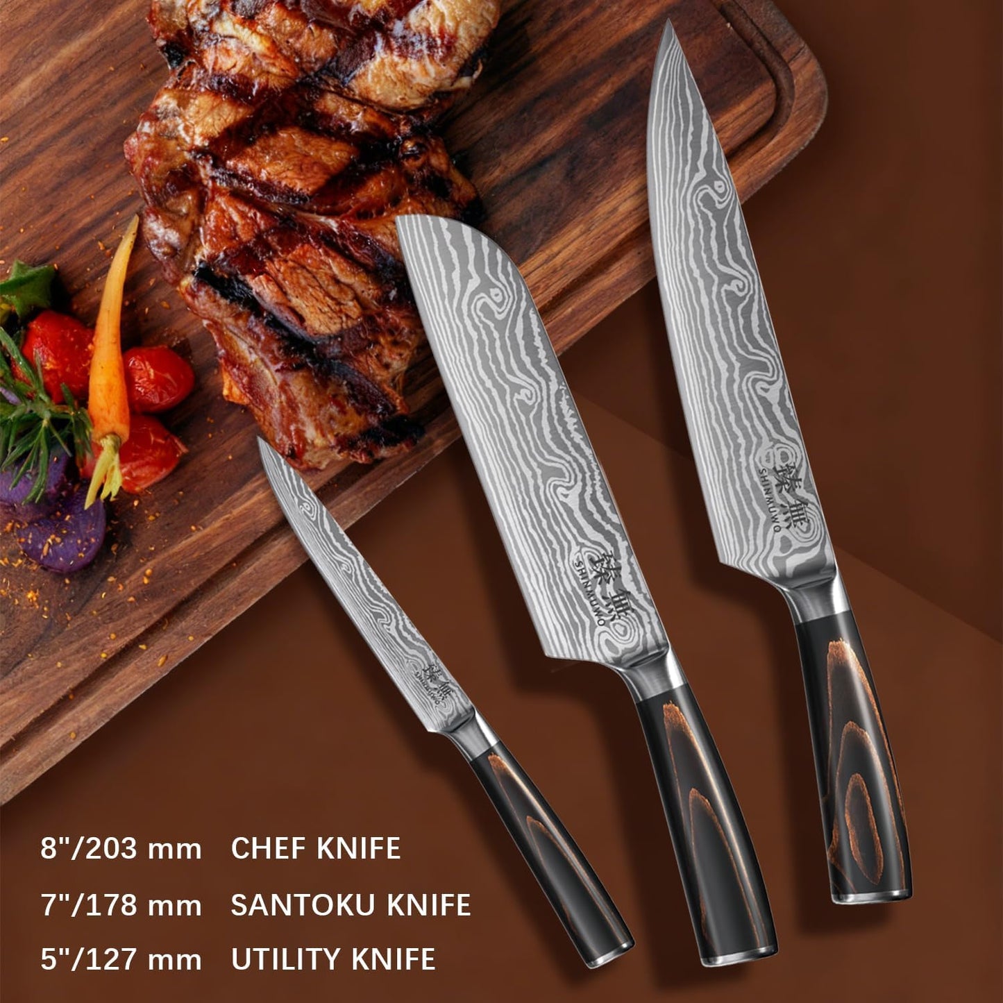 Set 3 Cuchillos Chef Santoku Acero Inox Ergonómico Madera