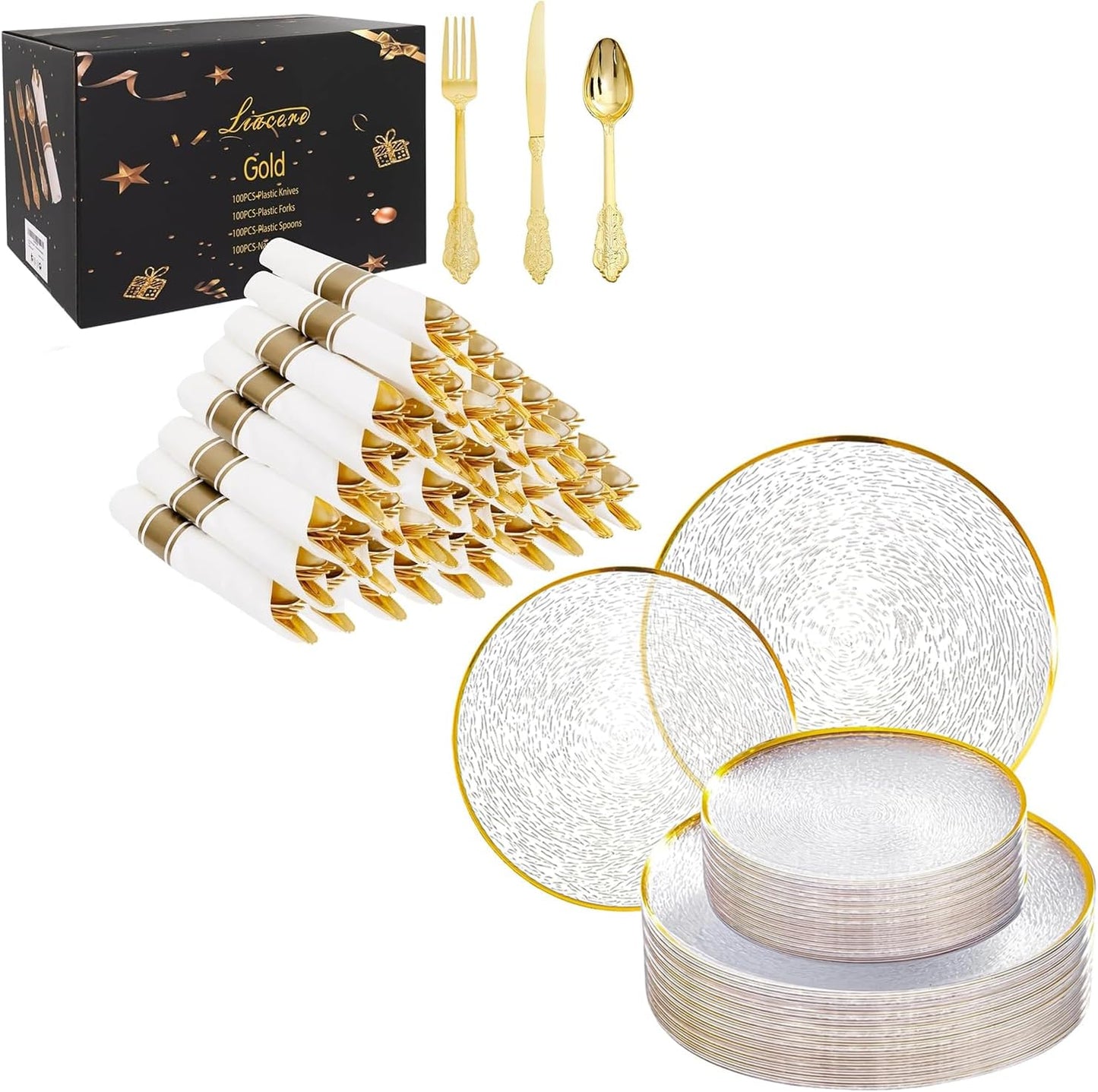 Set 400 Utensilios Plástico Oro y 60 Platillos Plástico