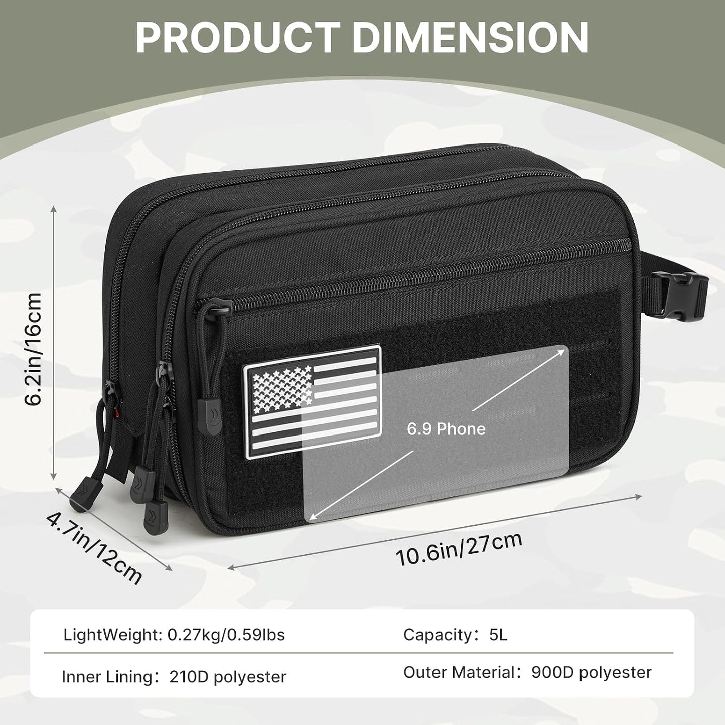 Bolsa de aseo Molle impermeable para viaje color negro