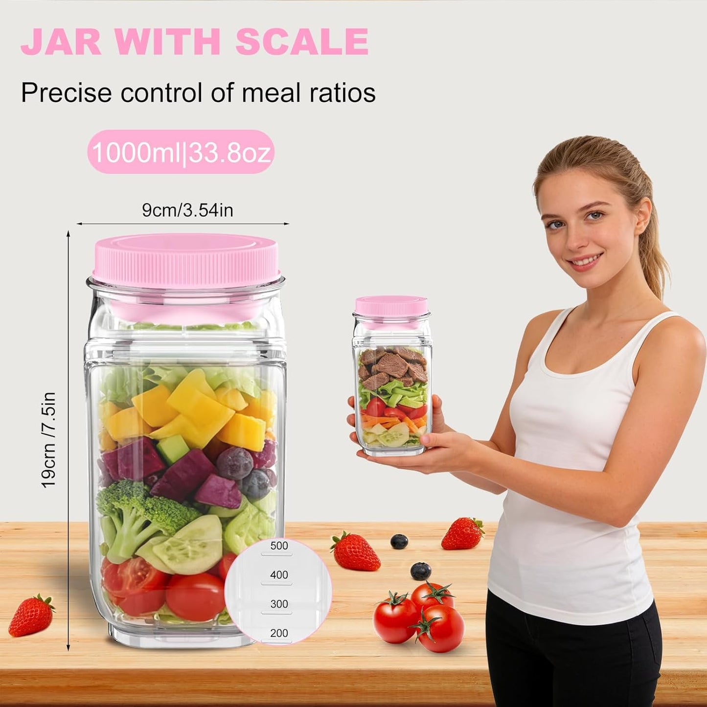 Tarro ensalada Mason 35oz con vaso aderezo y cuchara