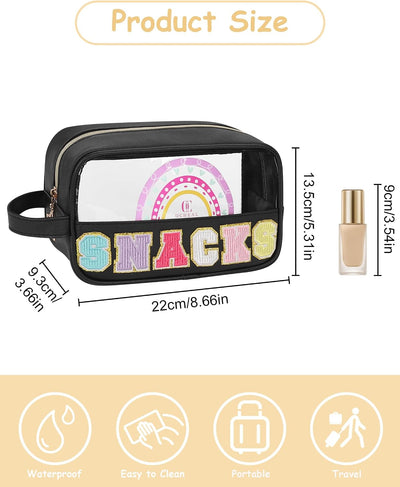 Bolsa cosméticos viaje piel sintética negro letras bordadas