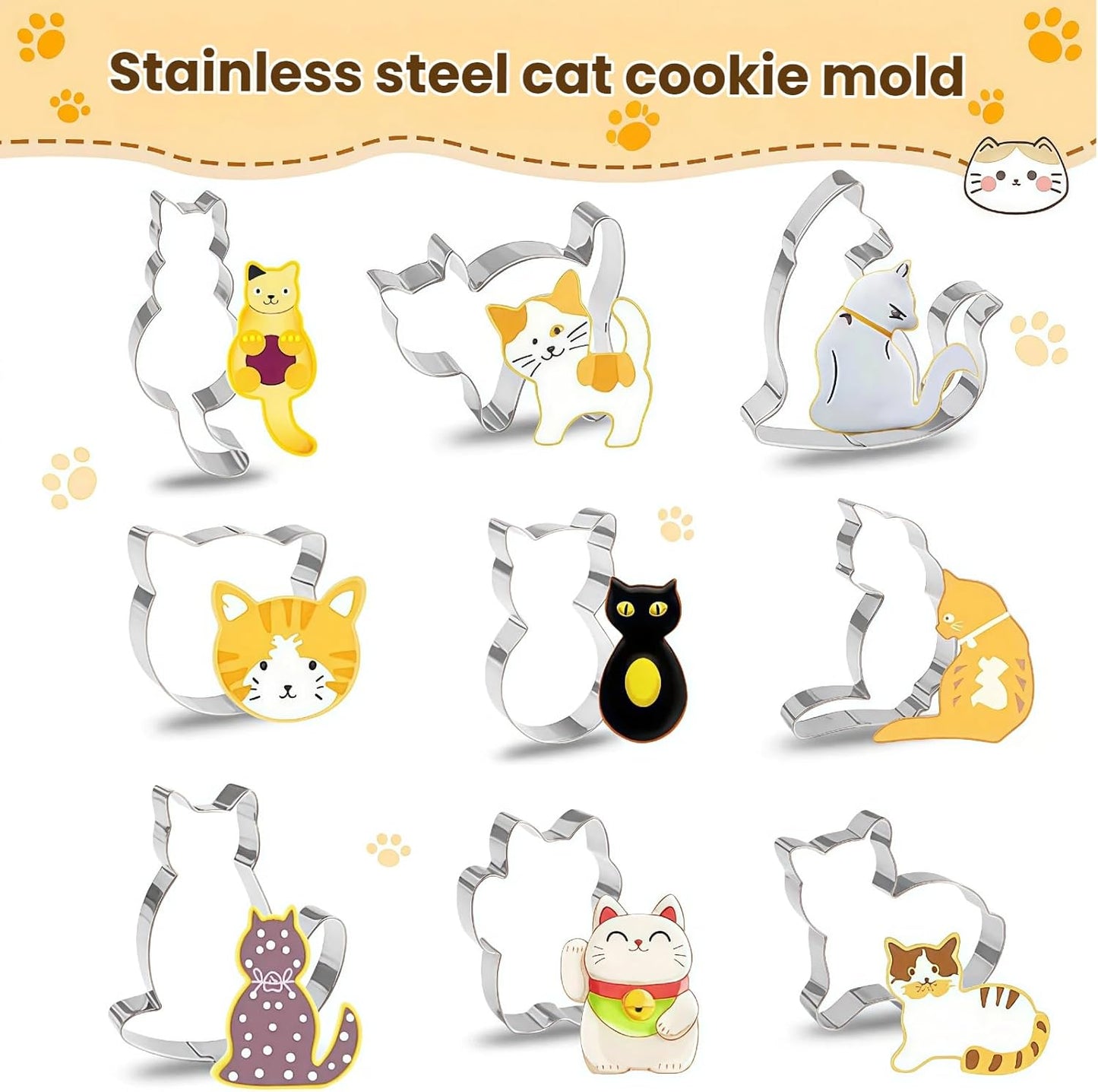 Juego de 9 cortadores de galletas de acero inoxidable para gatos