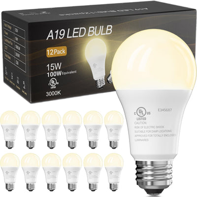 12 Pzas Bombillas LED A19 15W 3000K Blanco Cálido E26