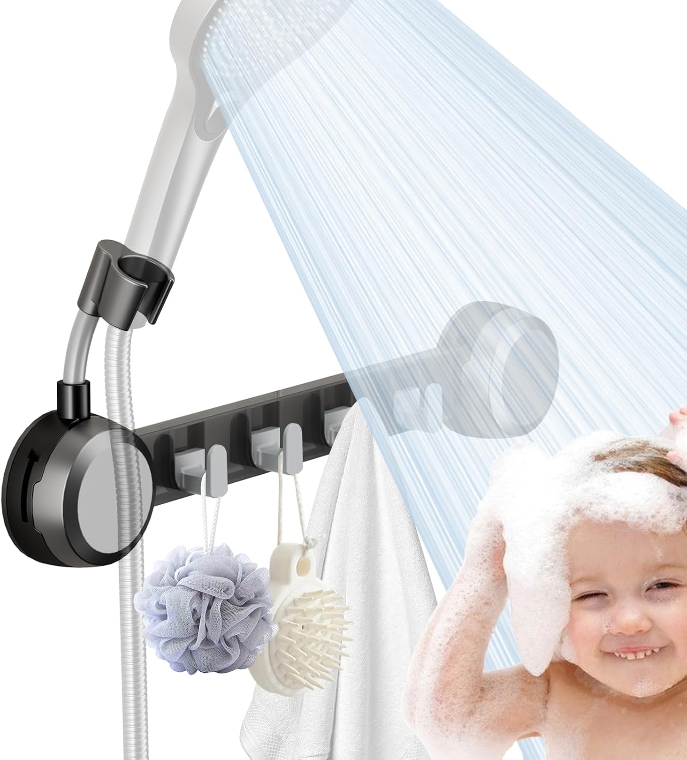 Soporte ducha con ventosa 4 ganchos diseño 2en1