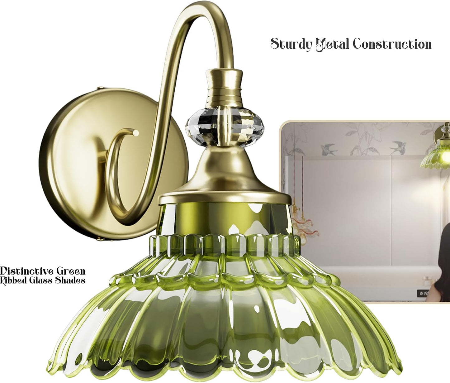 Lámpara baño con cristal verde sobre espejo