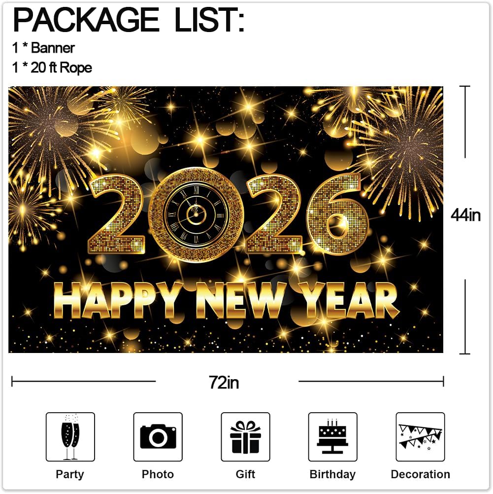 Cartel Año Nuevo 2026 72x44pulg Negro Dorado