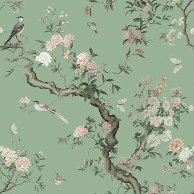 Papel tapiz vintage Chinoiserie floral verde salvia 17.7x118pulg