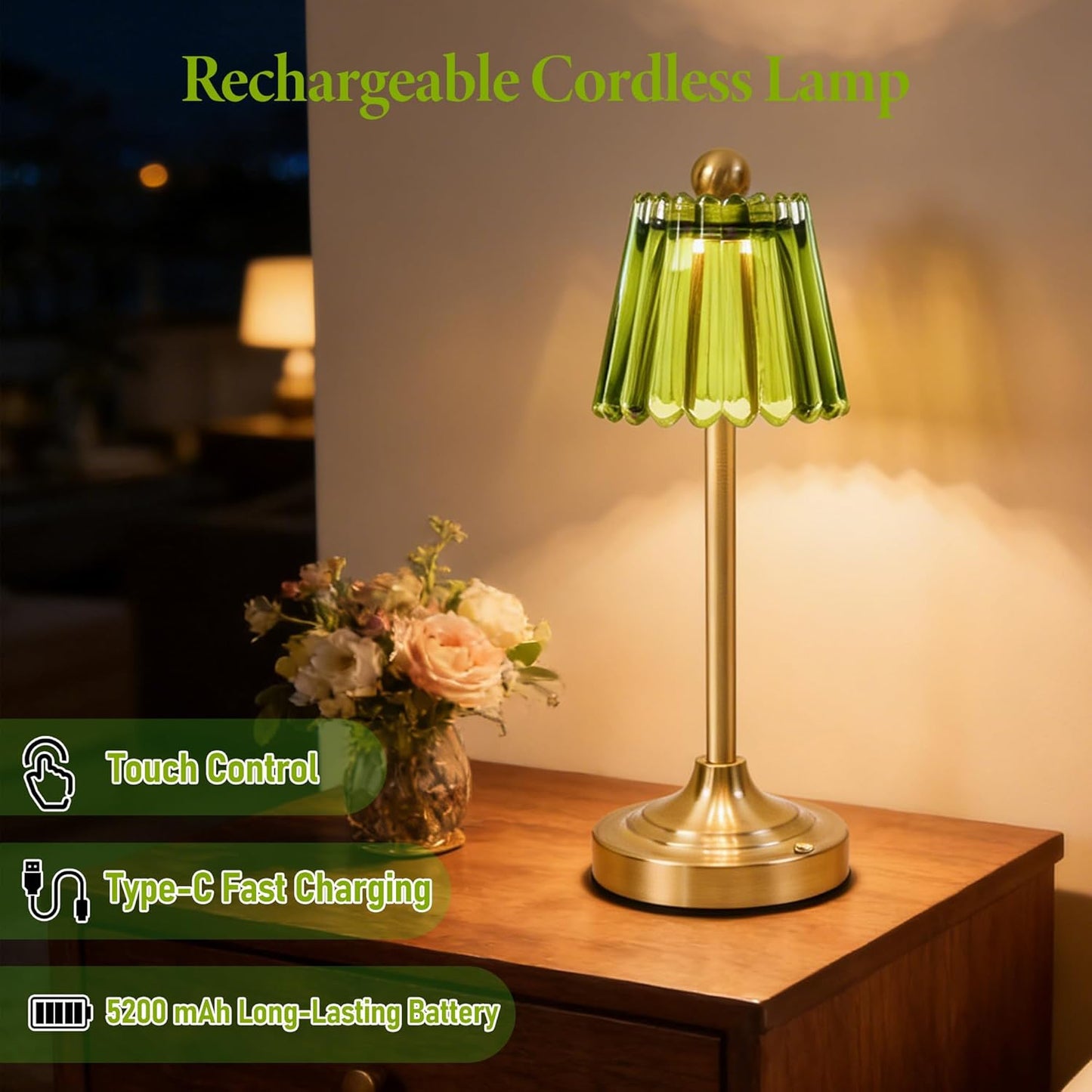 2 Lámparas Mesa Inalámbricas Recargables Vintage Cristal Verde