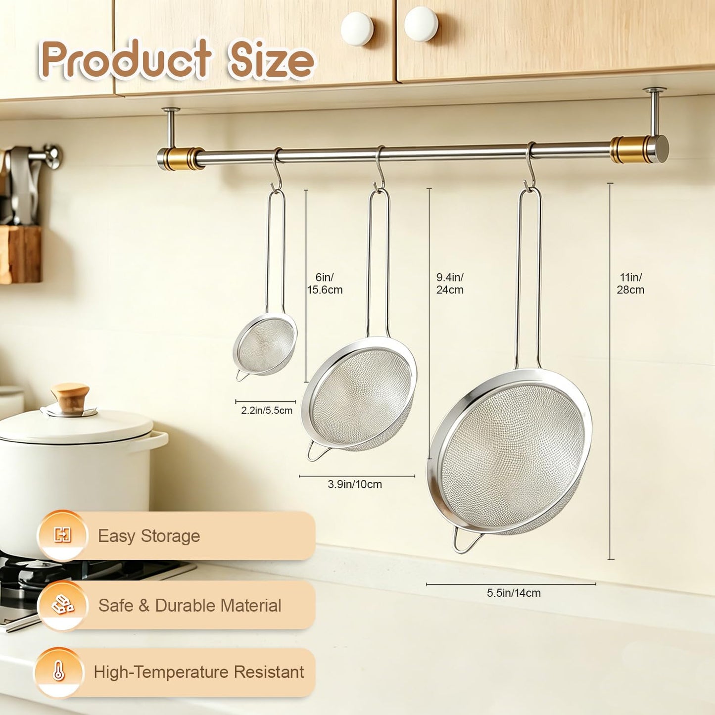Set 3 coladores acero inox asa tamaños pequeño mediano grande