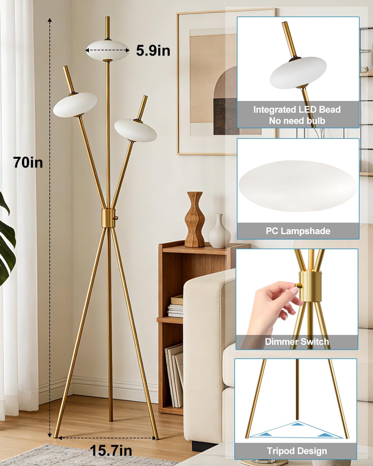 Lámpara pie dorada 3 pantallas elípticas moderna sala dormitorio