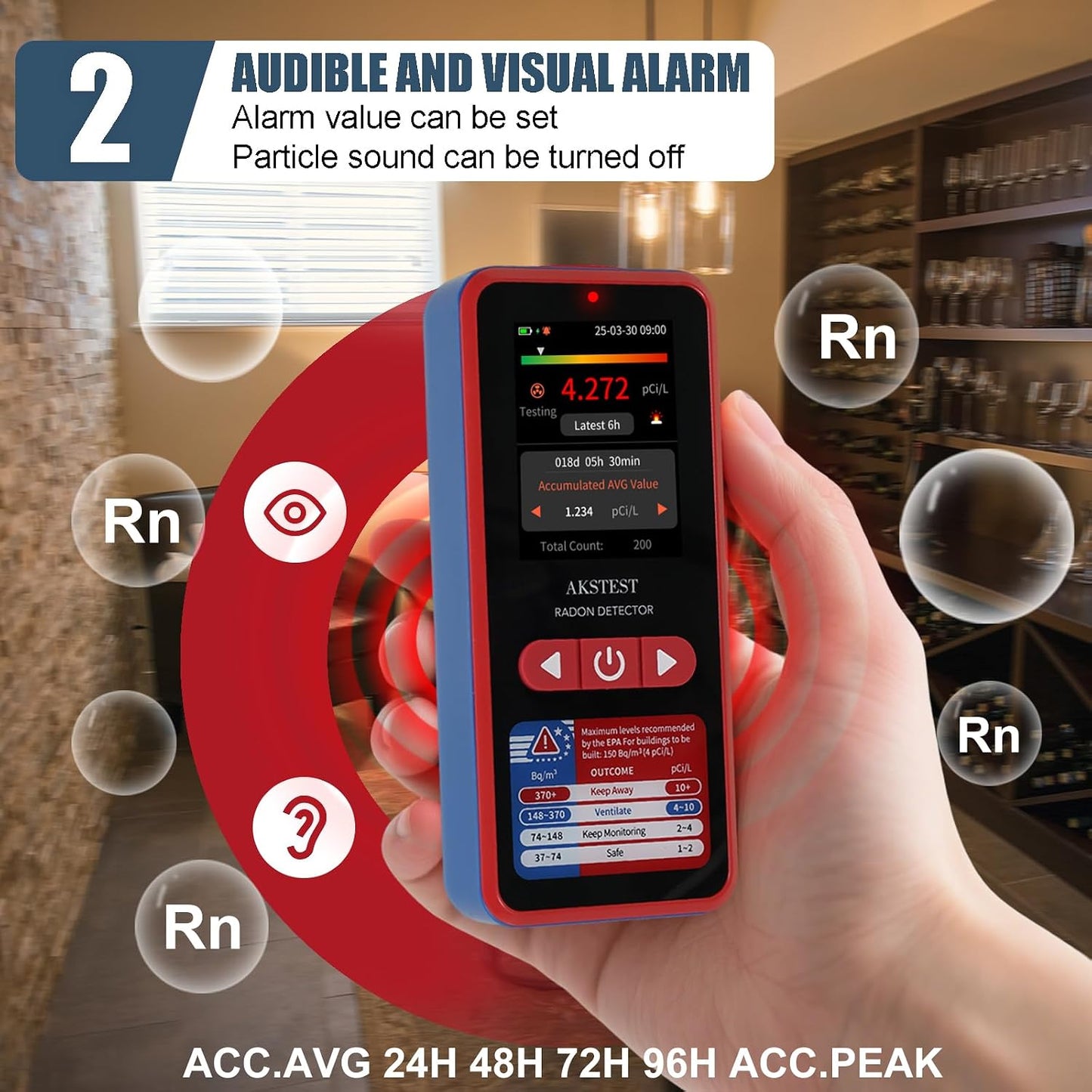 Detector radón RM-60 pantalla TFT USB-C alarma hogar sótano