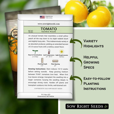 Semillas tomate melocotón jardín paquete reliquia instrucciones
