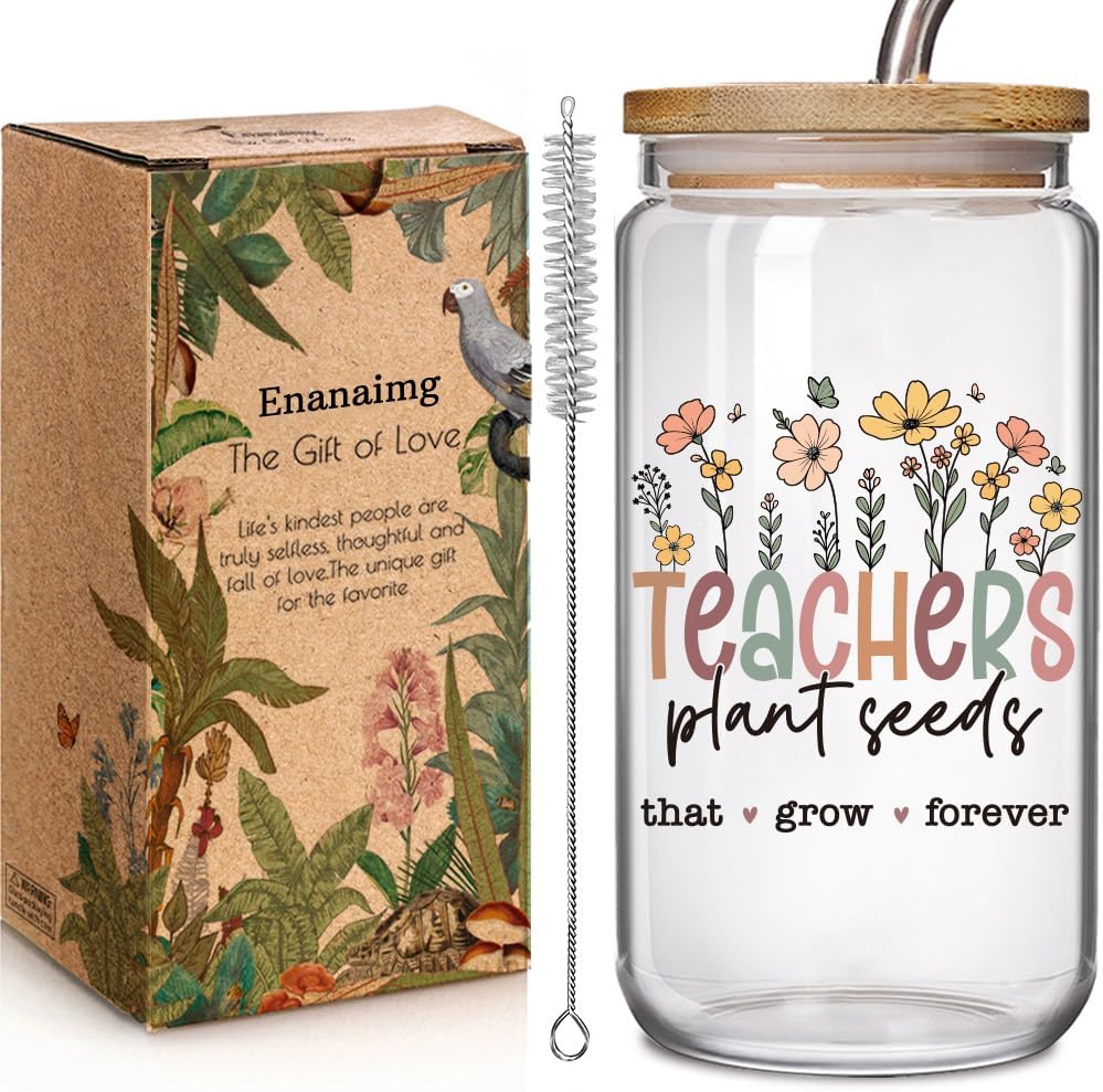Taza de vidrio con tapa y pajita, regalo para profesores y día de la madre