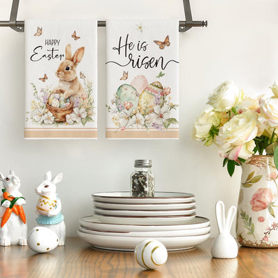 Juego de 2 toallas de cocina con diseño de conejo y mariposa para Pascua y primavera
