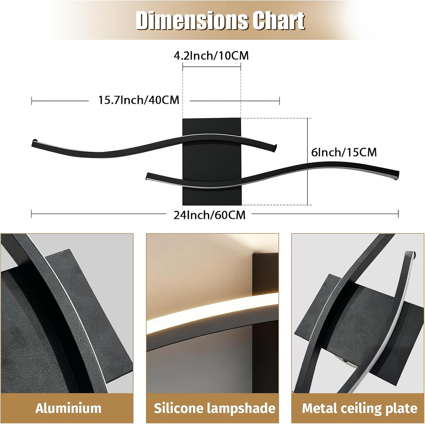 Aplique LED moderno 24pulg luz negra para dormitorio y sala