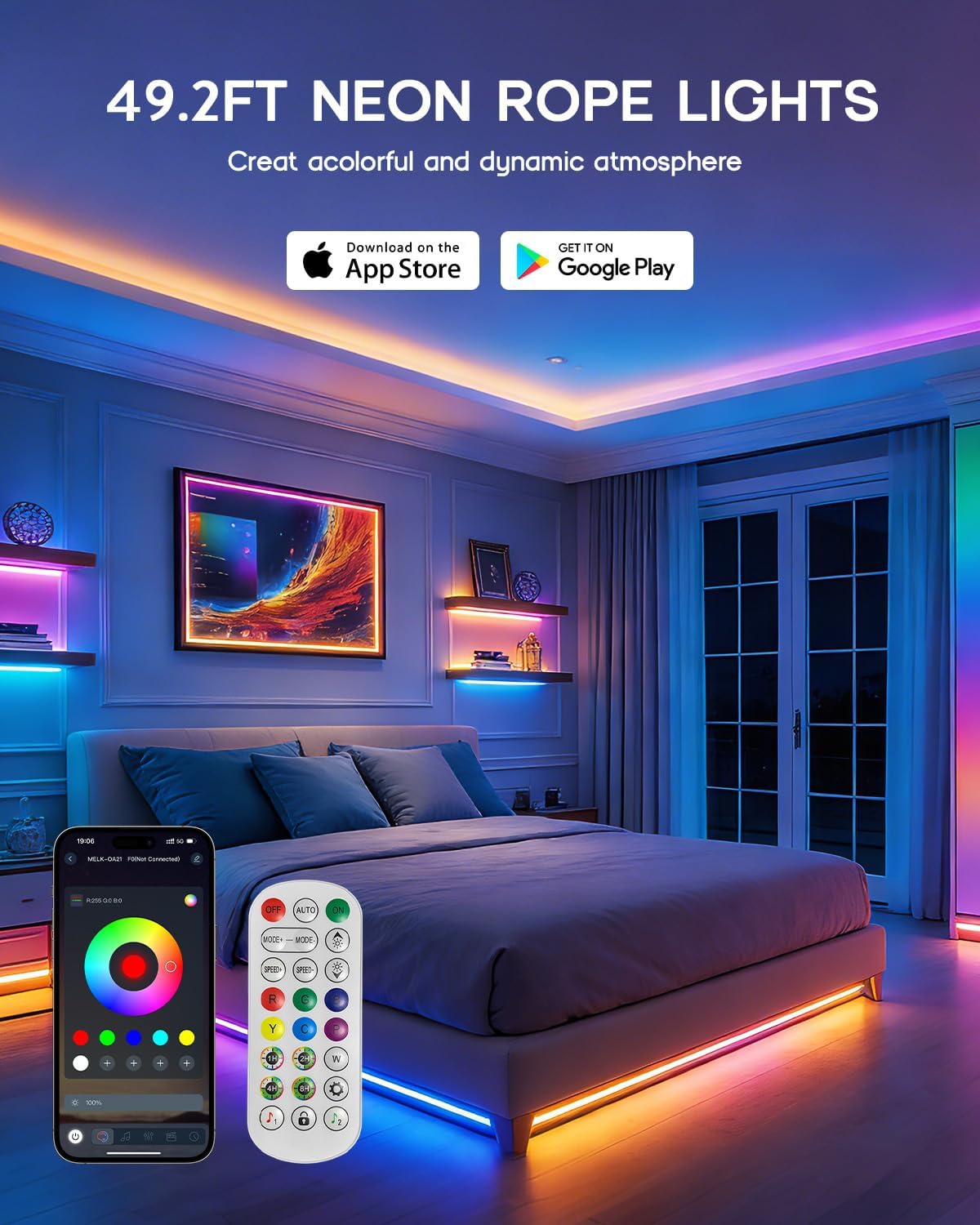 Tira luces LED neón 49.2ft control app remoto IP65 al aire libre