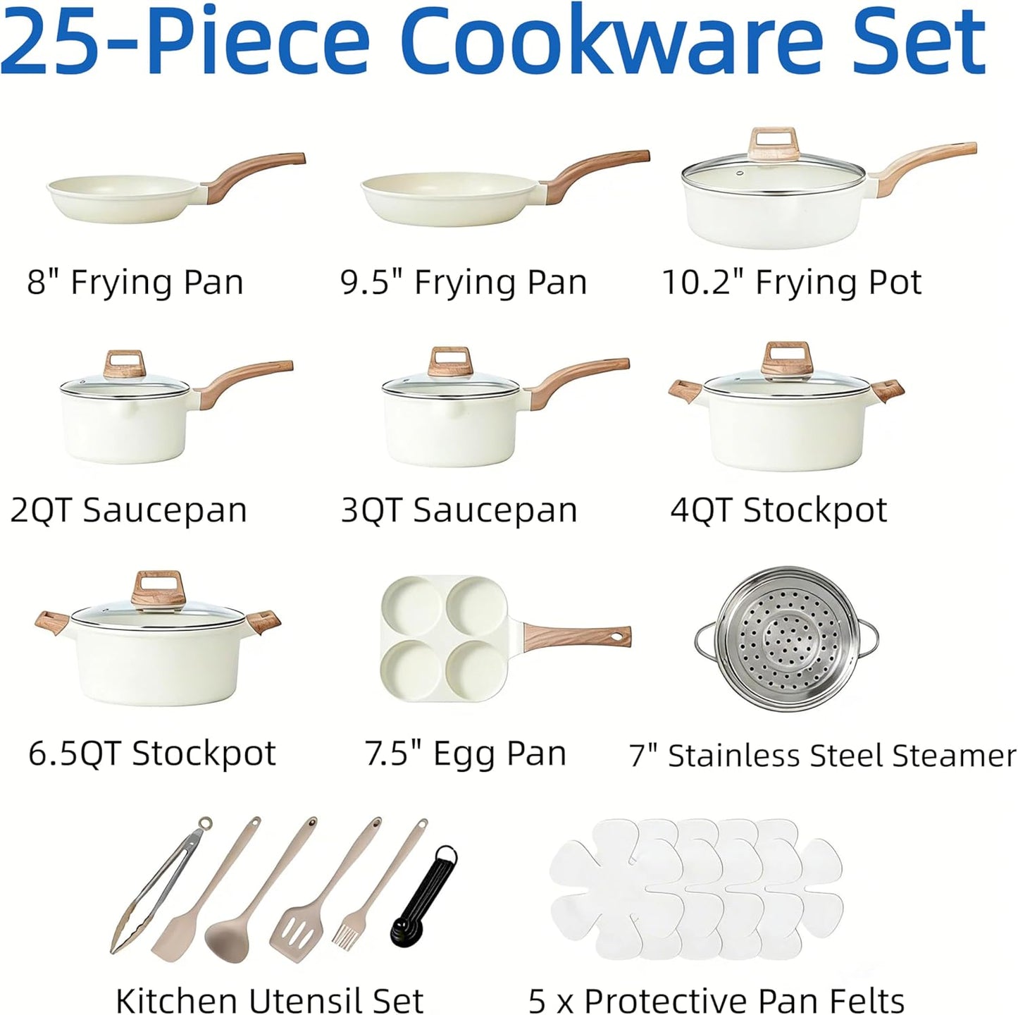 Set 25 Utensilios Cerámica Antiadherente Inducción Beige