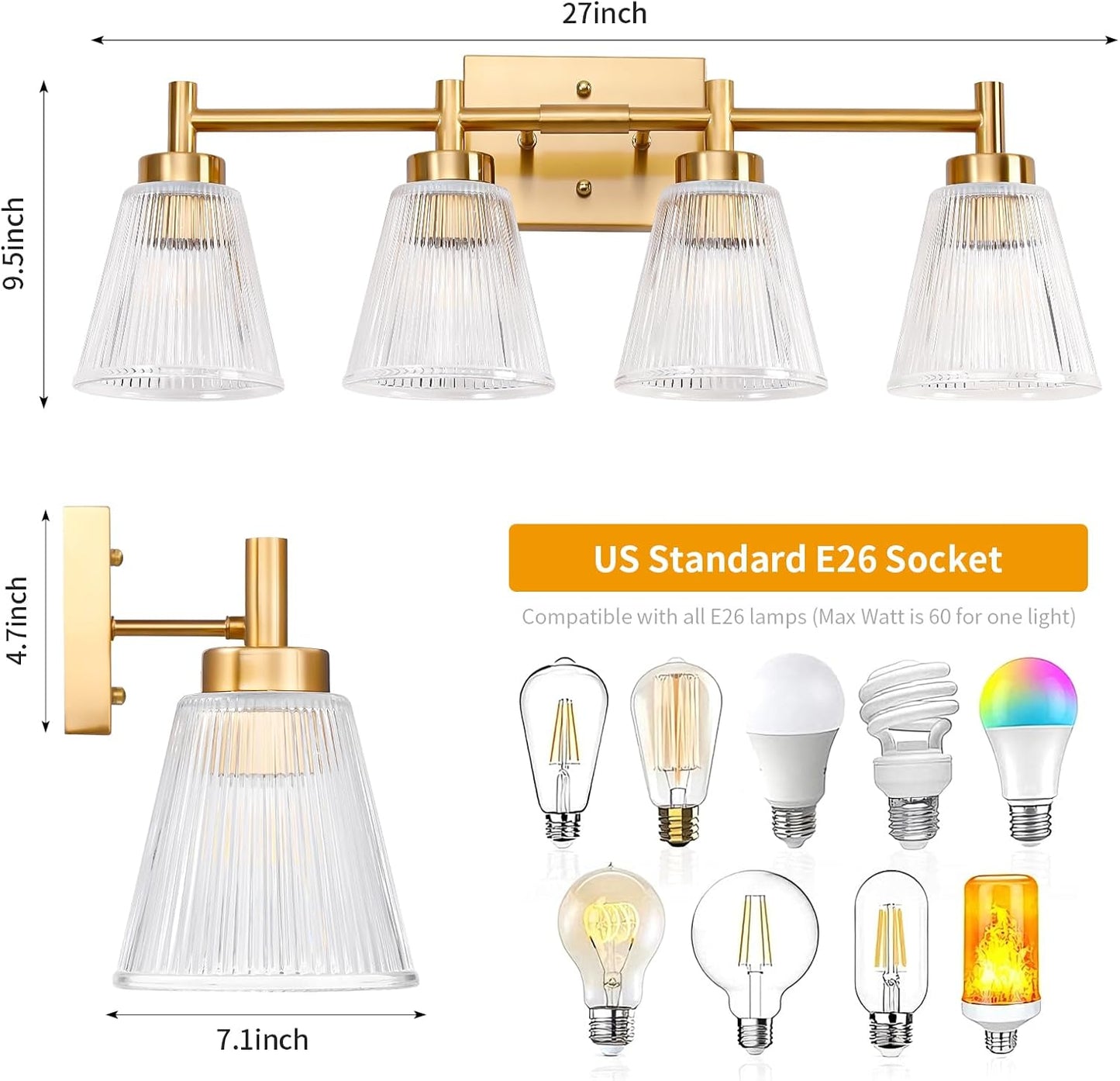 Lámpara baño 4 luces dorada con pantalla vidrio rayas
