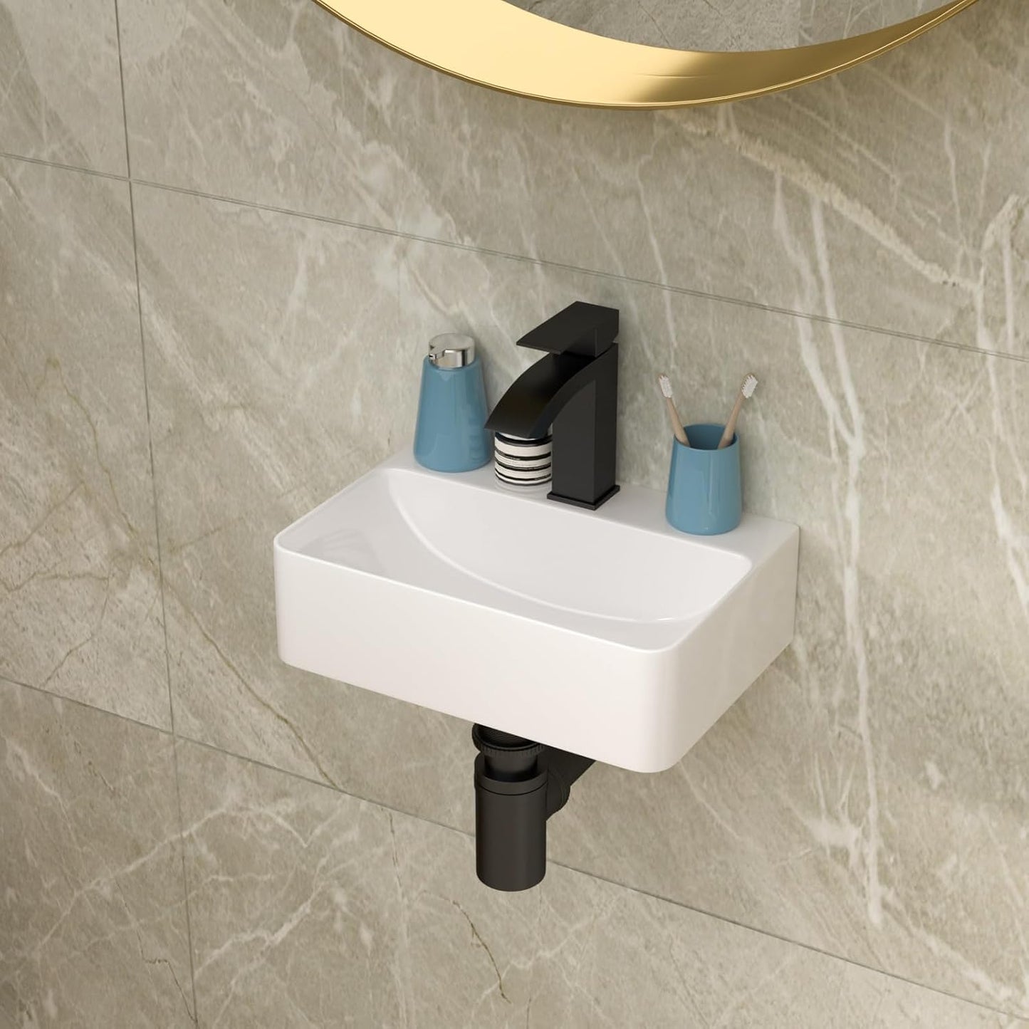 Fregadero baño esquina flotante cerámica blanca 14.5x10pulg
